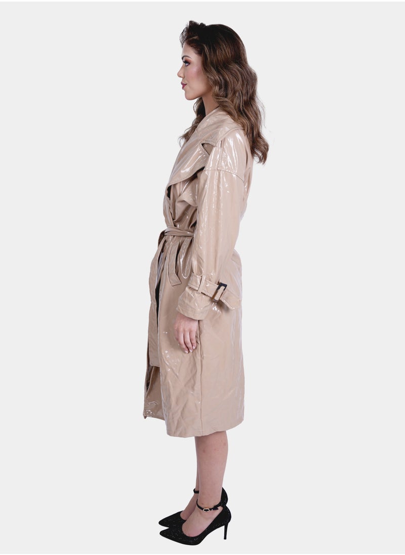 Flashmob Nude Shiny Vinyl Long Length Overcoat With Belt  - Image 4