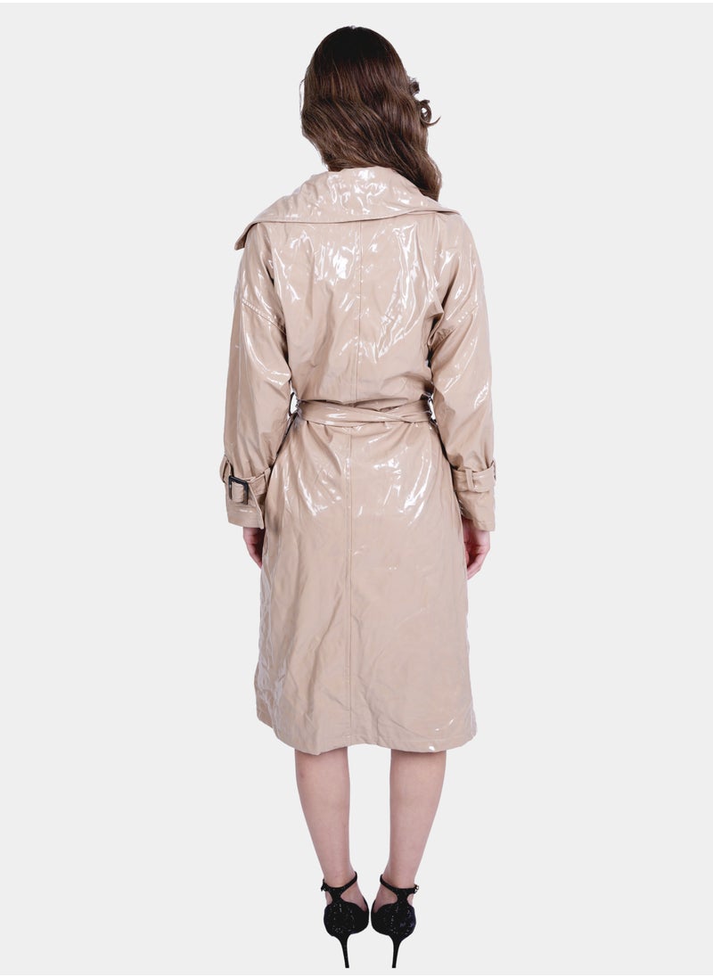 Flashmob Nude Shiny Vinyl Long Length Overcoat With Belt  - Image 5