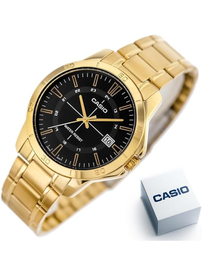 كاسيو ساعة كاسيو رجالية من الفولاذ المقاوم للصدأ، تعمل بحركة كوارتز، موديل MTP-V004G-1CUDF، مينا أسود مع سوار ذهبي، دائرية، مقاومة للماء. - Image 4