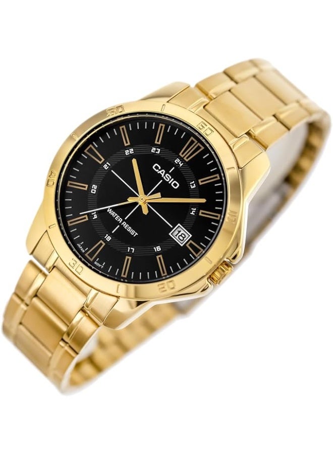 كاسيو ساعة كاسيو رجالية من الفولاذ المقاوم للصدأ، تعمل بحركة كوارتز، موديل MTP-V004G-1CUDF، مينا أسود مع سوار ذهبي، دائرية، مقاومة للماء. - Image 1