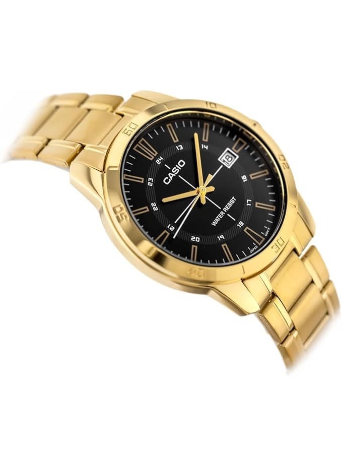 كاسيو ساعة كاسيو رجالية من الفولاذ المقاوم للصدأ، تعمل بحركة كوارتز، موديل MTP-V004G-1CUDF، مينا أسود مع سوار ذهبي، دائرية، مقاومة للماء. - Image 2