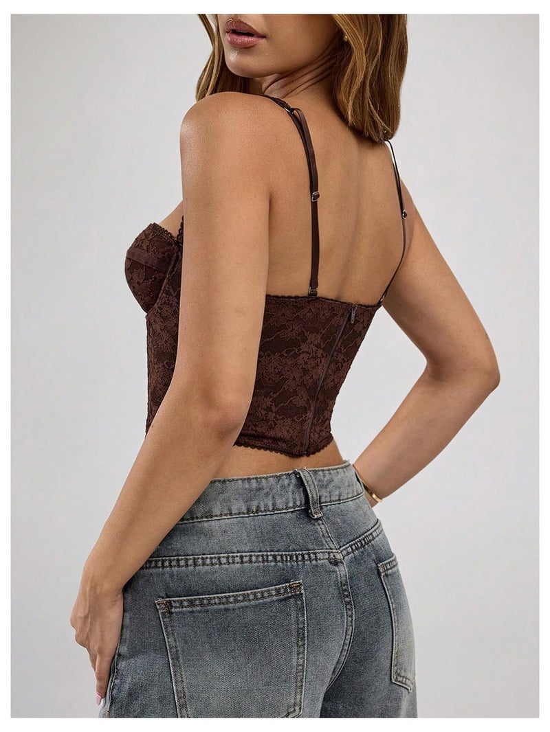 WDIRARA Women's Cut Out Lace Crop Bustier Corset Tank Top Sexy Going Out Party Club Tops Coffee Brown Medium - Image 4