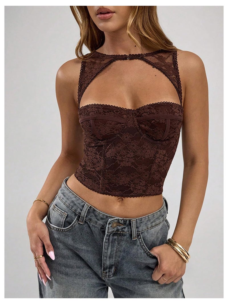 WDIRARA Women's Cut Out Lace Crop Bustier Corset Tank Top Sexy Going Out Party Club Tops Coffee Brown Medium - Image 2