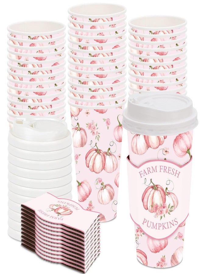 JarThenaAMCS 48 Set Fall Little Pumpkin Disposable Coffee Cups with Lids and Sleeves Pink Pumpkin Flower Paper Cups Fall Drinking Cups for Autumn Thanksgiving Party Coffee Bar Decor Business Supplies - Image 1