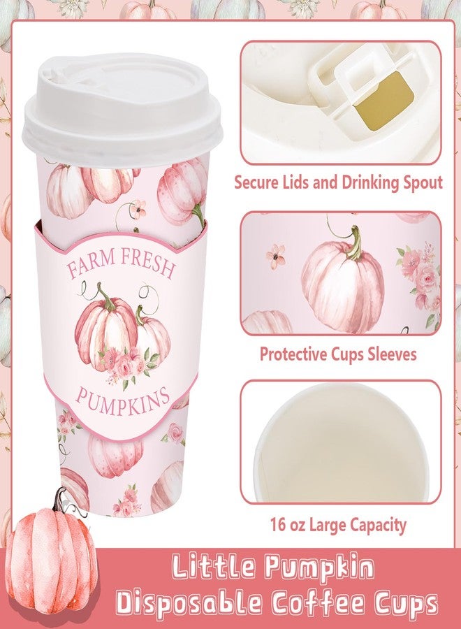 JarThenaAMCS 48 Set Fall Little Pumpkin Disposable Coffee Cups with Lids and Sleeves Pink Pumpkin Flower Paper Cups Fall Drinking Cups for Autumn Thanksgiving Party Coffee Bar Decor Business Supplies - Image 3