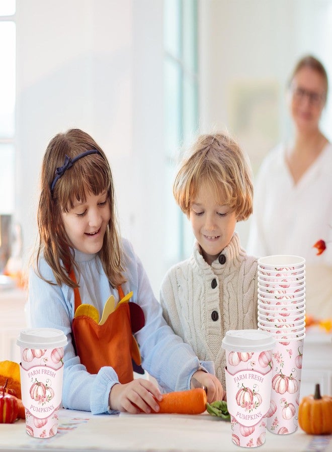 JarThenaAMCS 48 Set Fall Little Pumpkin Disposable Coffee Cups with Lids and Sleeves Pink Pumpkin Flower Paper Cups Fall Drinking Cups for Autumn Thanksgiving Party Coffee Bar Decor Business Supplies - Image 4