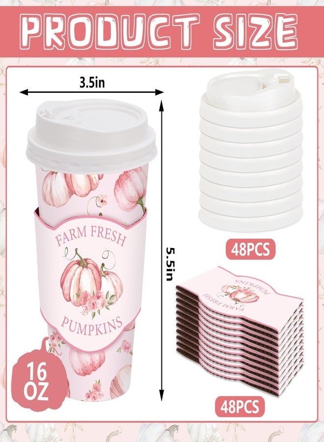 JarThenaAMCS 48 Set Fall Little Pumpkin Disposable Coffee Cups with Lids and Sleeves Pink Pumpkin Flower Paper Cups Fall Drinking Cups for Autumn Thanksgiving Party Coffee Bar Decor Business Supplies - Image 2