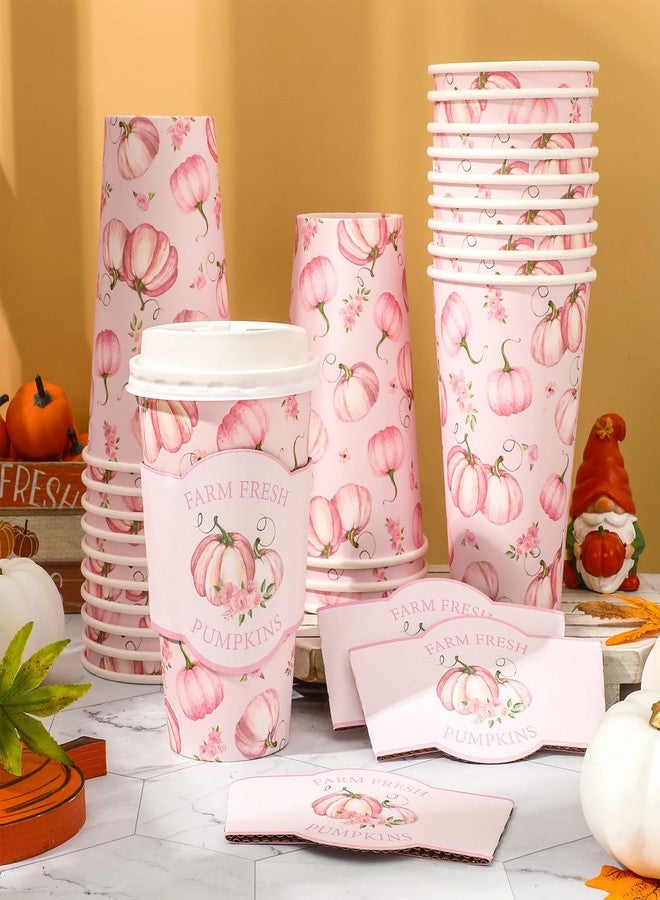 JarThenaAMCS 48 Set Fall Little Pumpkin Disposable Coffee Cups with Lids and Sleeves Pink Pumpkin Flower Paper Cups Fall Drinking Cups for Autumn Thanksgiving Party Coffee Bar Decor Business Supplies - Image 5