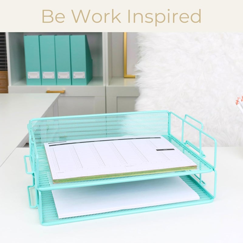 Blu Monaco Aqua Mesh Paper Tray Set of 2 | Stackable Letter Trays for Desk Storage | Metal Document Holder and File Organizer for Home, Office and School | 13” x 9.8” x 5.6” Workspace Organizer - Image 2