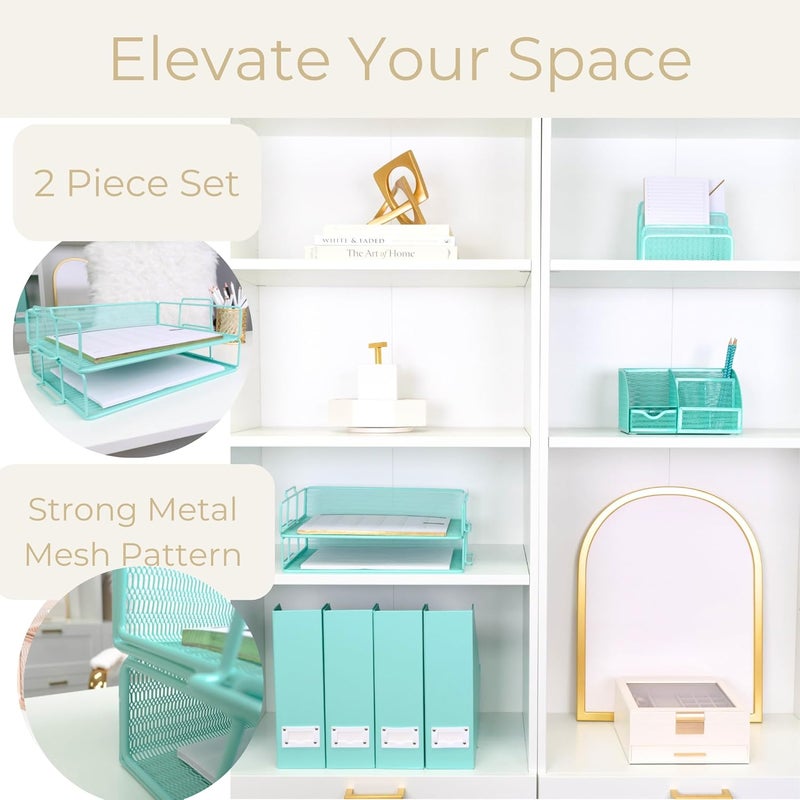 Blu Monaco Aqua Mesh Paper Tray Set of 2 | Stackable Letter Trays for Desk Storage | Metal Document Holder and File Organizer for Home, Office and School | 13” x 9.8” x 5.6” Workspace Organizer - Image 3