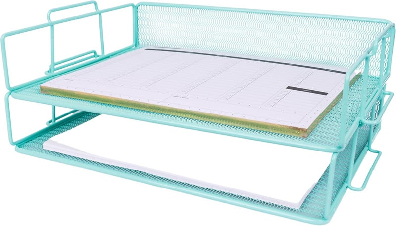 Blu Monaco Aqua Mesh Paper Tray Set of 2 | Stackable Letter Trays for Desk Storage | Metal Document Holder and File Organizer for Home, Office and School | 13” x 9.8” x 5.6” Workspace Organizer - Image 1