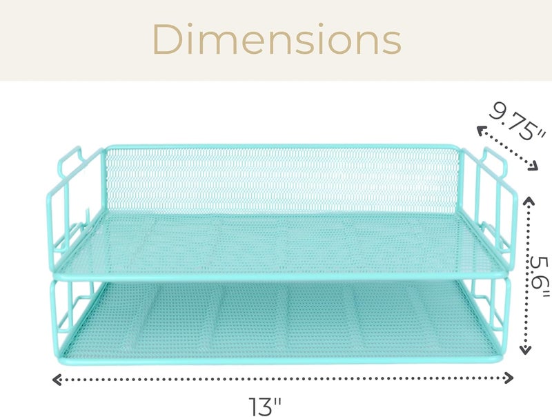 Blu Monaco Aqua Mesh Paper Tray Set of 2 | Stackable Letter Trays for Desk Storage | Metal Document Holder and File Organizer for Home, Office and School | 13” x 9.8” x 5.6” Workspace Organizer - Image 5