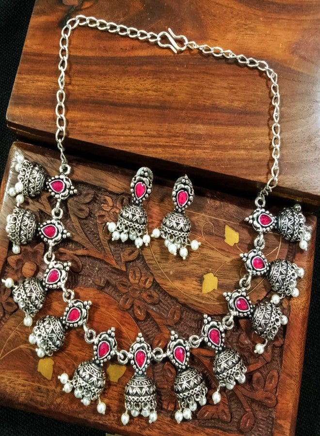 Siddhatva Ethnic Traditional Oxidised Silver Pearl Stones Fashion Long Necklace Earrings Jewelry Set for Women Girls Pink (Dark Pink) - Image 3
