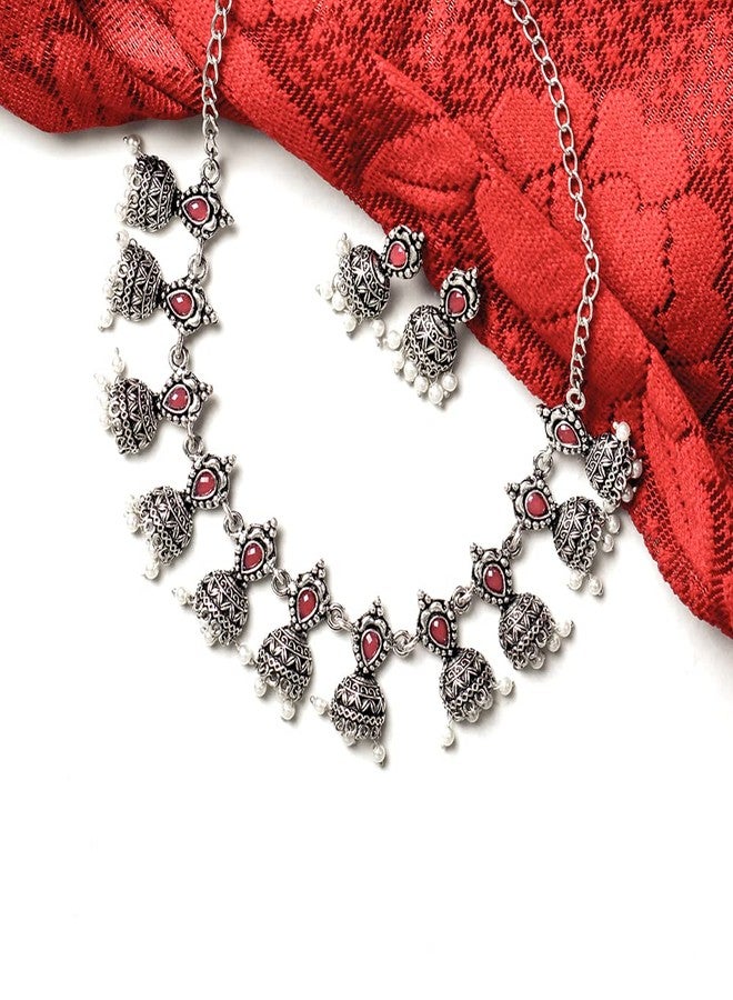 Siddhatva Ethnic Traditional Oxidised Silver Pearl Stones Fashion Long Necklace Earrings Jewelry Set for Women Girls Pink (Dark Pink) - Image 2