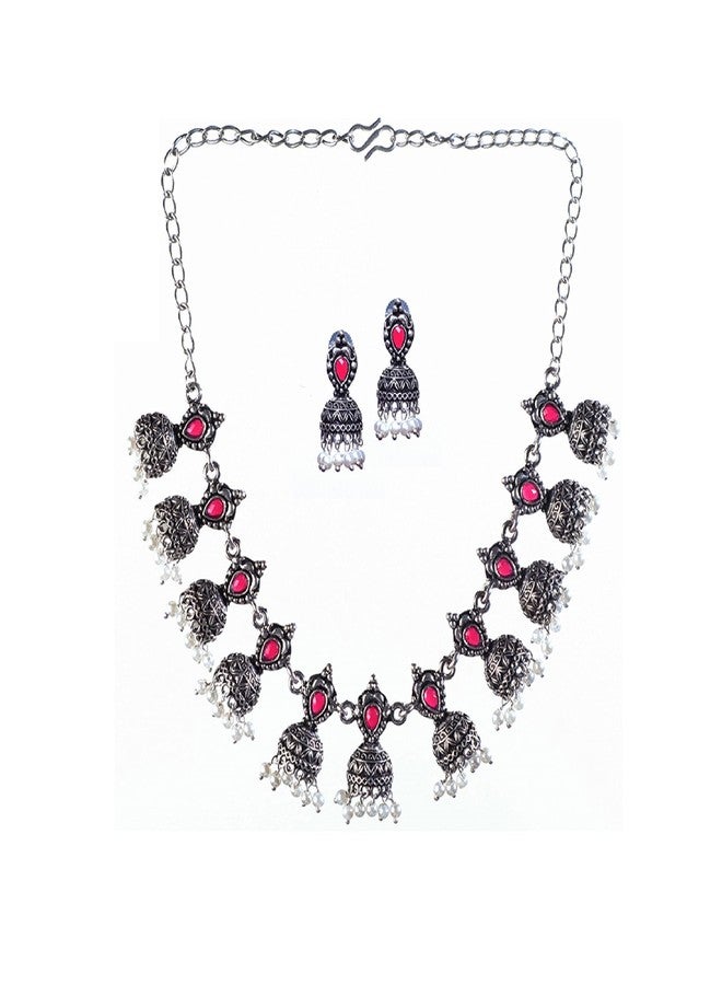 Siddhatva Ethnic Traditional Oxidised Silver Pearl Stones Fashion Long Necklace Earrings Jewelry Set for Women Girls Pink (Dark Pink) - Image 1