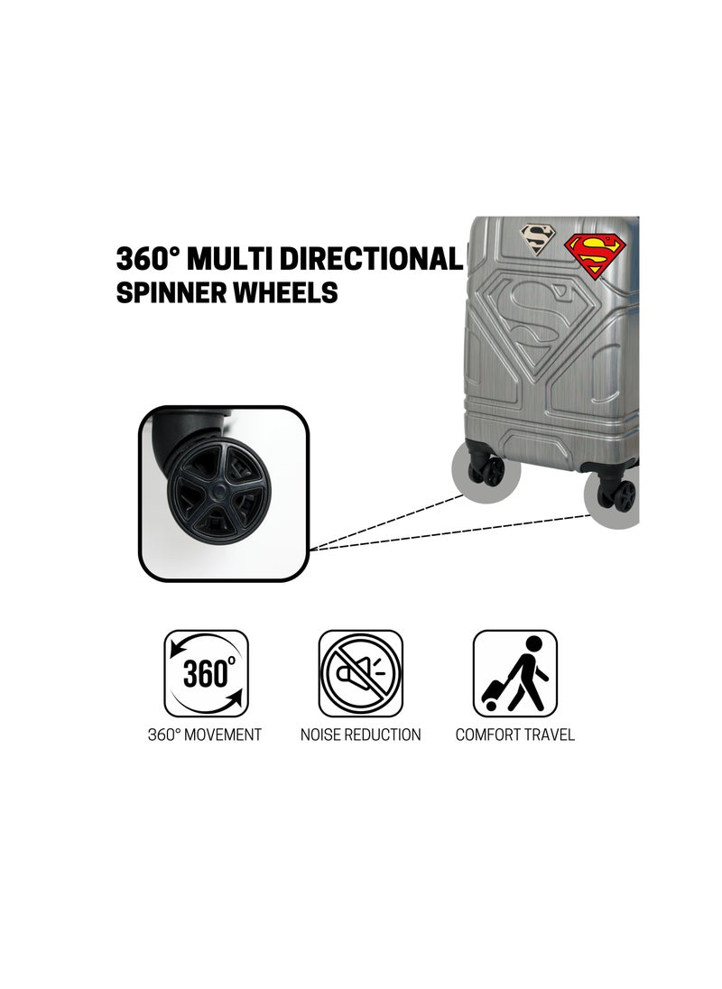 Superman Logo Embossed Luggage Suitcase, Lightweight Polycarbonate Travel Trolley Bag with 360° Spinner Wheels, TSA Lock and Durable PP Material, Grey 71cm