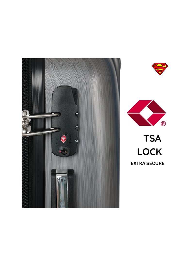 Superman Logo Embossed Luggage Suitcase, Lightweight Polycarbonate Travel Trolley Bag with 360° Spinner Wheels, TSA Lock and Durable PP Material, Grey 71cm