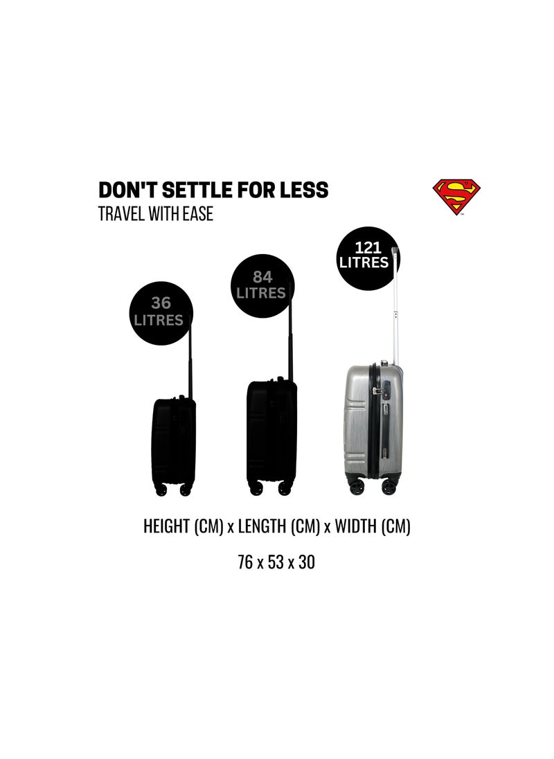 Superman Logo Embossed Luggage Suitcase, Lightweight Polycarbonate Travel Trolley Bag with 360° Spinner Wheels, TSA Lock and Durable PP Material, Grey 71cm