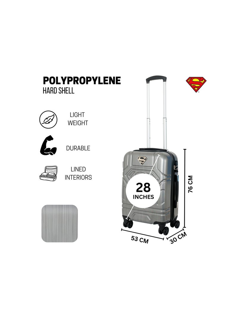 Superman Logo Embossed Luggage Suitcase, Lightweight Polycarbonate Travel Trolley Bag with 360° Spinner Wheels, TSA Lock and Durable PP Material, Grey 71cm