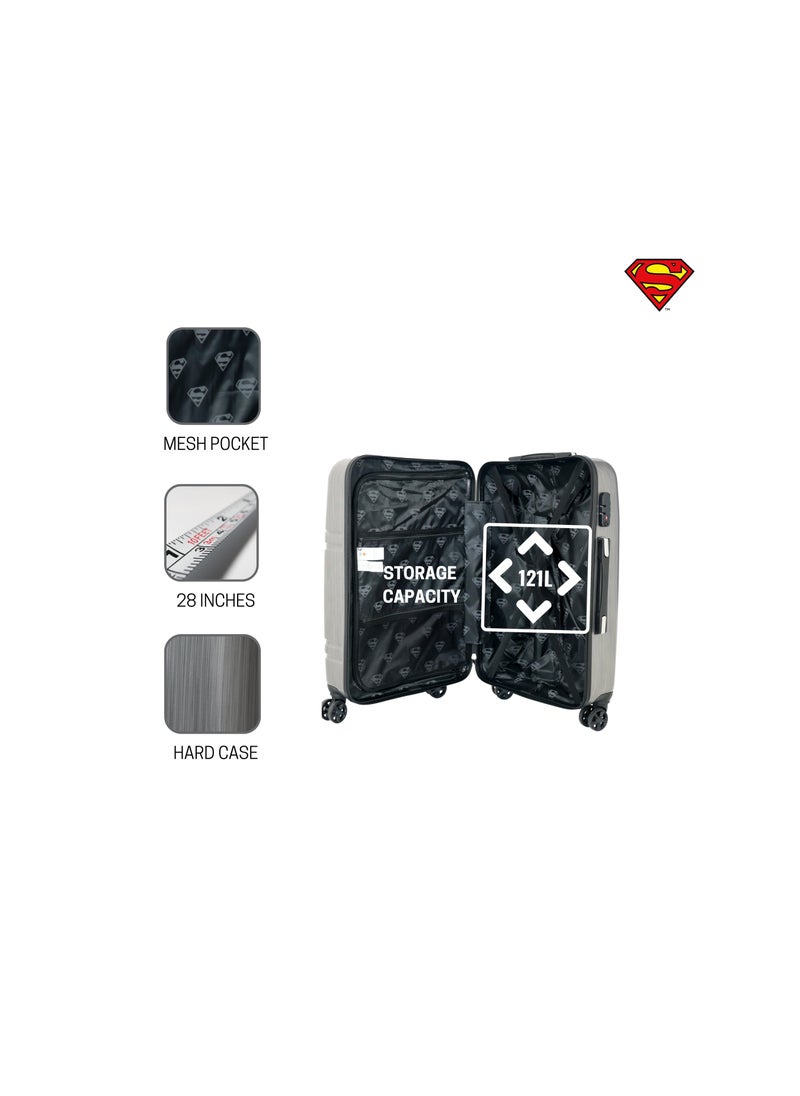 Superman Logo Embossed Luggage Suitcase, Lightweight Polycarbonate Travel Trolley Bag with 360° Spinner Wheels, TSA Lock and Durable PP Material, Grey 71cm