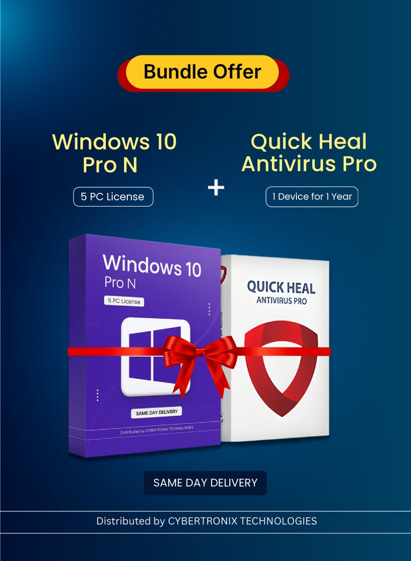 Windows Microsoft Windows 10 Pro N ( 5 PC License ) | Quick Heal Antivirus Pro (1 Device, 1 Year) | Digital License | Same Day Delivery | Bundle Pack