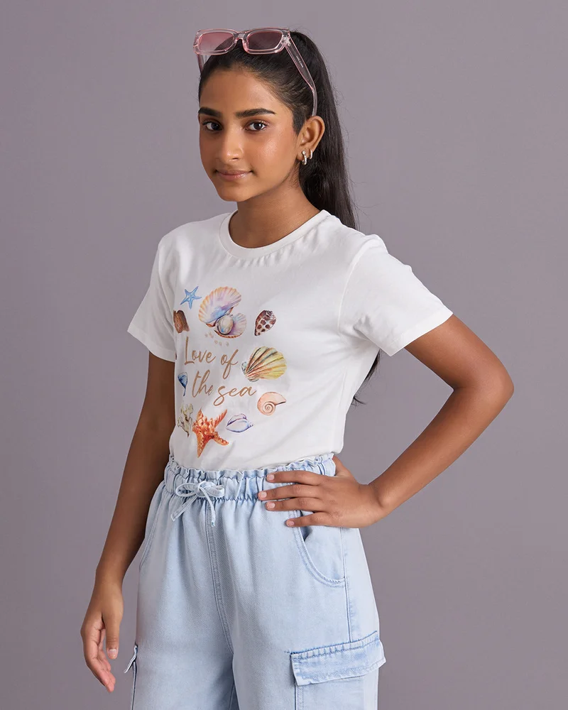 Redtag Senior Girls White Printed T-Shirt