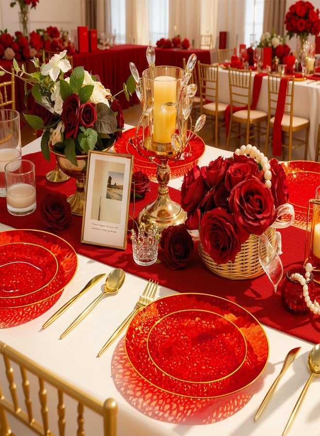 Rubtlamp 60 Pcs Red Plasitc Plates, Gold Red Disposable Plates, Fancy Party Plates, Hammered Plastic plates Include 30 Dessert Platos, 30 Dinner Platos for Party - Image 3