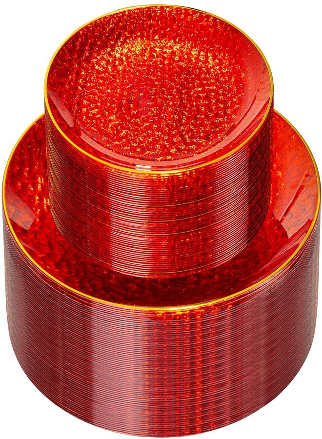 Rubtlamp 60 Pcs Red Plasitc Plates, Gold Red Disposable Plates, Fancy Party Plates, Hammered Plastic plates Include 30 Dessert Platos, 30 Dinner Platos for Party - Image 1