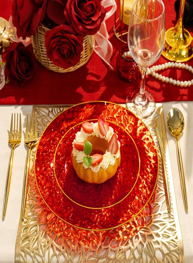 Rubtlamp 60 Pcs Red Plasitc Plates, Gold Red Disposable Plates, Fancy Party Plates, Hammered Plastic plates Include 30 Dessert Platos, 30 Dinner Platos for Party - Image 4