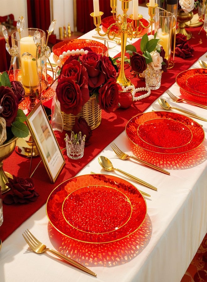 Rubtlamp 60 Pcs Red Plasitc Plates, Gold Red Disposable Plates, Fancy Party Plates, Hammered Plastic plates Include 30 Dessert Platos, 30 Dinner Platos for Party - Image 5