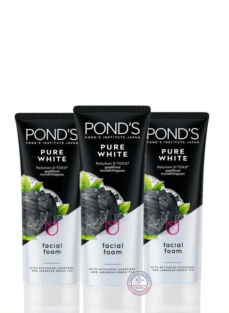 Pond's Pure white Face Cleanser with Foam for Hydrated Skin; Activated Charcoal and Green Tea gives Radiant Skin, 100g Pack of 3 - Image 1