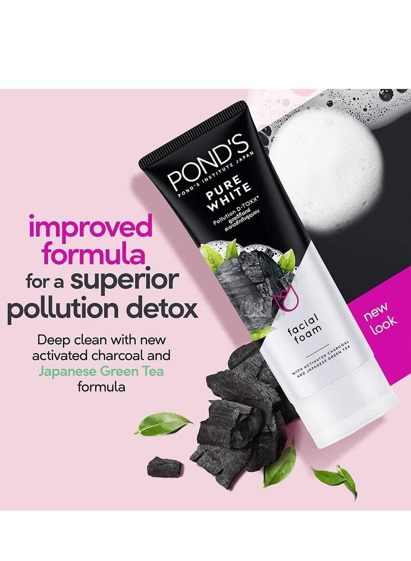 Pond's Pure white Face Cleanser with Foam for Hydrated Skin; Activated Charcoal and Green Tea gives Radiant Skin, 100g Pack of 3 - Image 2