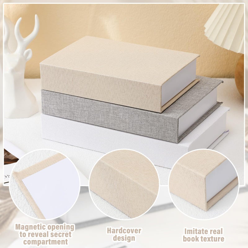 Tioncy 3 Pcs Fake Book Box Neutral Linen Book Box Decorative Faux Prop Storage for Farmhouse Home Decor shelf Table Card Photo DIY Keepsake Gift(Multi Sizes,Rice White, Light Grey and White) - Image 3