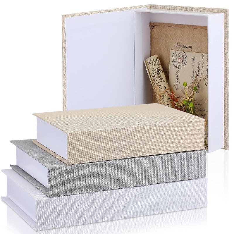 Tioncy 3 Pcs Fake Book Box Neutral Linen Book Box Decorative Faux Prop Storage for Farmhouse Home Decor shelf Table Card Photo DIY Keepsake Gift(Multi Sizes,Rice White, Light Grey and White) - Image 1