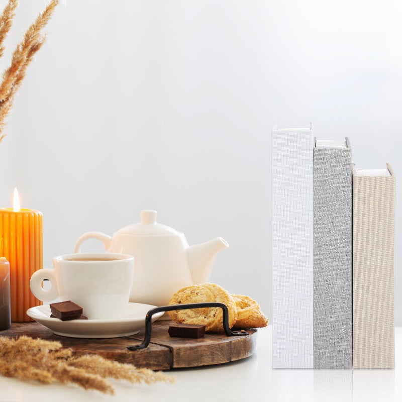 Tioncy 3 Pcs Fake Book Box Neutral Linen Book Box Decorative Faux Prop Storage for Farmhouse Home Decor shelf Table Card Photo DIY Keepsake Gift(Multi Sizes,Rice White, Light Grey and White) - Image 5