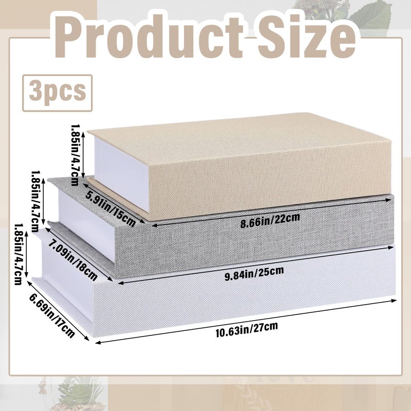 Tioncy 3 Pcs Fake Book Box Neutral Linen Book Box Decorative Faux Prop Storage for Farmhouse Home Decor shelf Table Card Photo DIY Keepsake Gift(Multi Sizes,Rice White, Light Grey and White) - Image 2