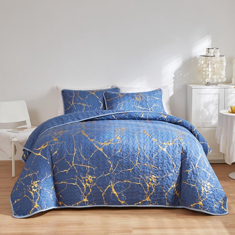 HAVOP King Size Blue Quilted Bedspreads  Gold Marble Printed Luxury Soft Microfiber Coverlet All Season Bedding Set