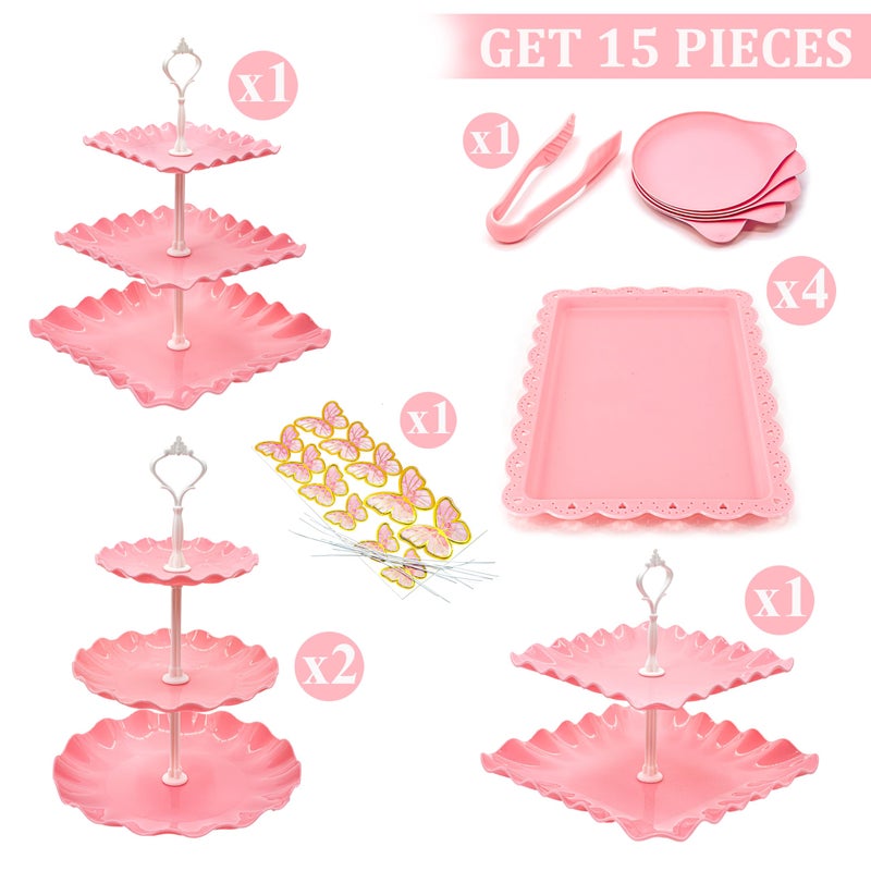 Horchen 15 PCS Dessert Table Display Set Pink Cupcake Stand,3 Tiered Tray Stand Cup Cake Tower Holder, Cake Stand Serving Trays Dessert Display Stands for Tea Party Wedding Baby Shower Girl-Pink - Image 3