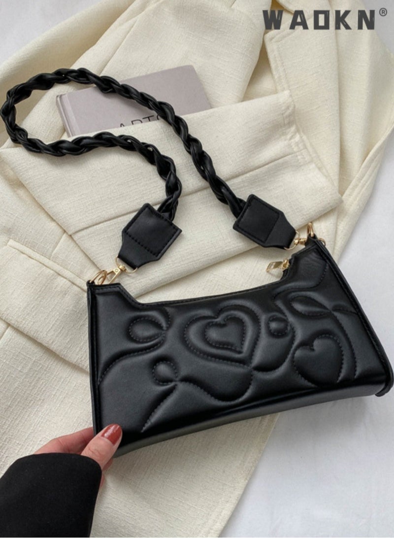 WAOKN Women's Love Embossed Shoulder Bag, Ladies Large Capacity Crossbody Bag Sling Bag Side Bag, Solid PU Leather Handbag Gift Bag (Black) - Image 4