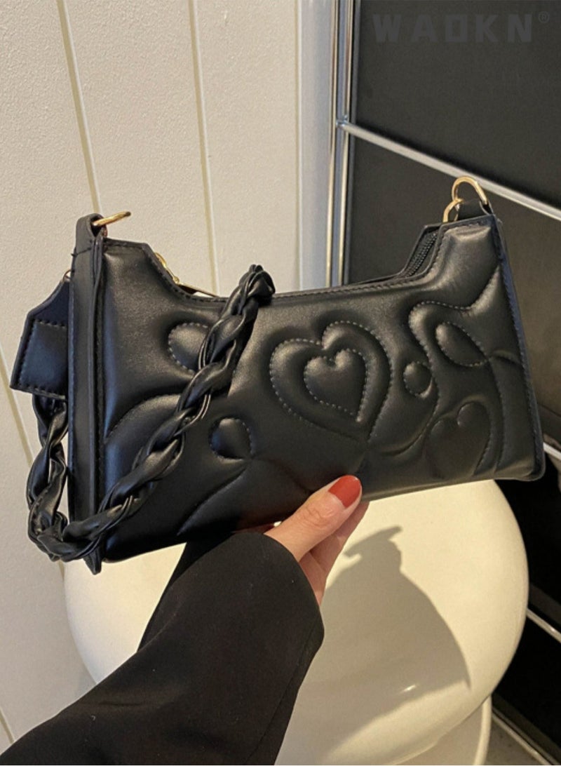 WAOKN Women's Love Embossed Shoulder Bag, Ladies Large Capacity Crossbody Bag Sling Bag Side Bag, Solid PU Leather Handbag Gift Bag (Black) - Image 3