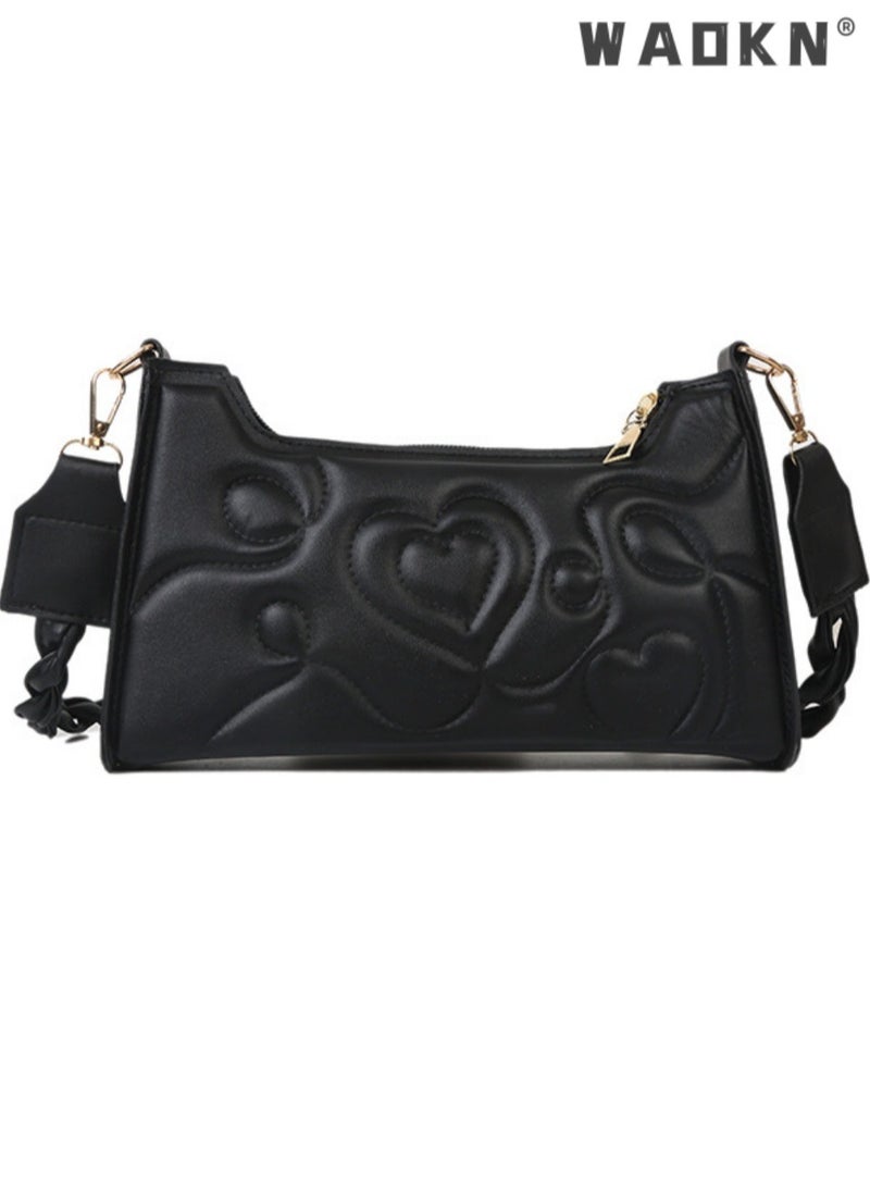 WAOKN Women's Love Embossed Shoulder Bag, Ladies Large Capacity Crossbody Bag Sling Bag Side Bag, Solid PU Leather Handbag Gift Bag (Black) - Image 1