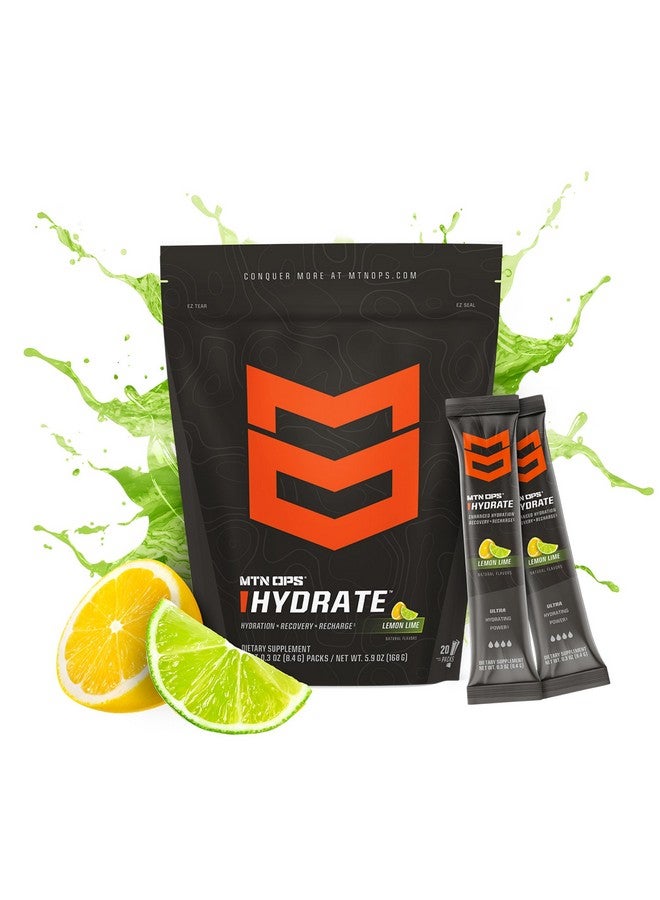 MTN OPS MTN OPS Hydrate Electrolytes Powder Drink Mix, 20 Single Serving On-The-Go Electrolyte Packs with Over 1000mg of Electrolytes per Serving, Lemon Lime  - Image 1