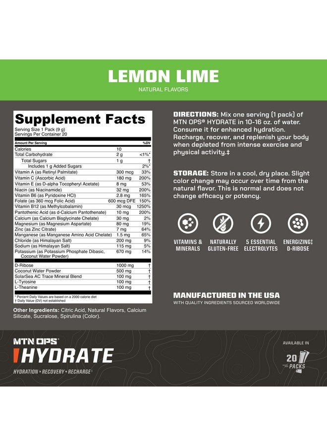 MTN OPS MTN OPS Hydrate Electrolytes Powder Drink Mix, 20 Single Serving On-The-Go Electrolyte Packs with Over 1000mg of Electrolytes per Serving, Lemon Lime  - Image 2