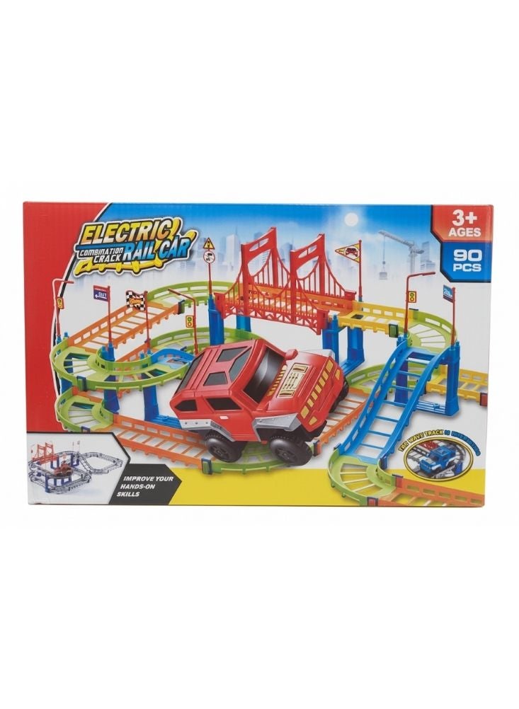 بريميم مجموعة سيارات مسار سكة حديدية كهربائية - ۹۰ قطعة مسار سباق مع جسر، لعبة بناء تعليمية للأطفال - Image 2