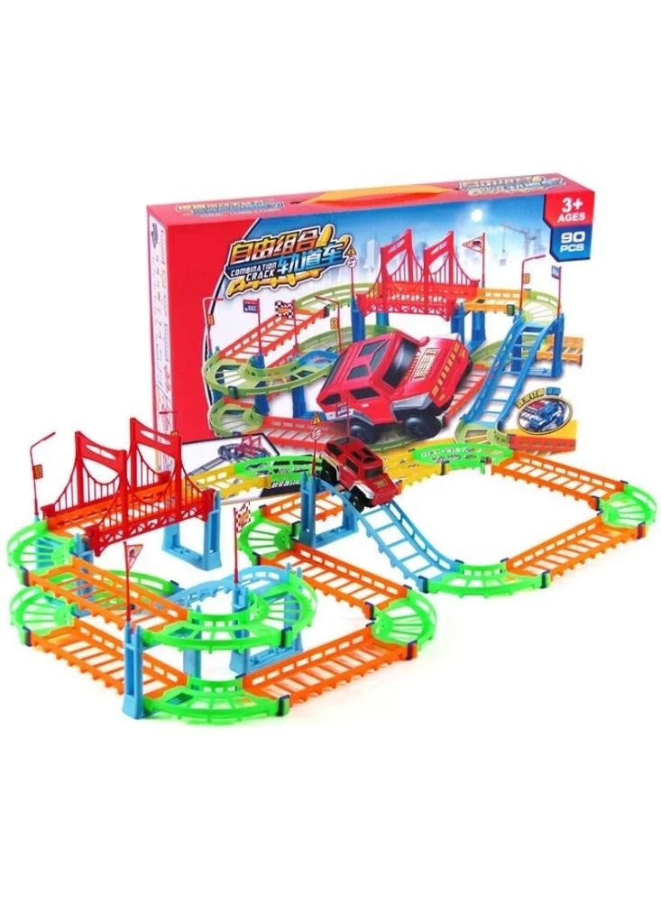 بريميم مجموعة سيارات مسار سكة حديدية كهربائية - ۹۰ قطعة مسار سباق مع جسر، لعبة بناء تعليمية للأطفال - Image 1