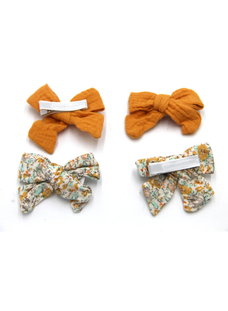 D'Daniela Adella Ribbon Bow Clip Set For Babies and Girls -  Mustard Yellow & Floral