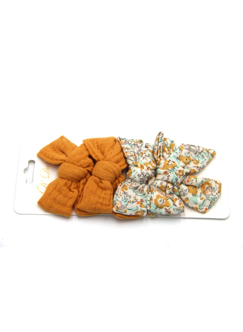 D'Daniela Adella Ribbon Bow Clip Set For Babies and Girls -  Mustard Yellow & Floral