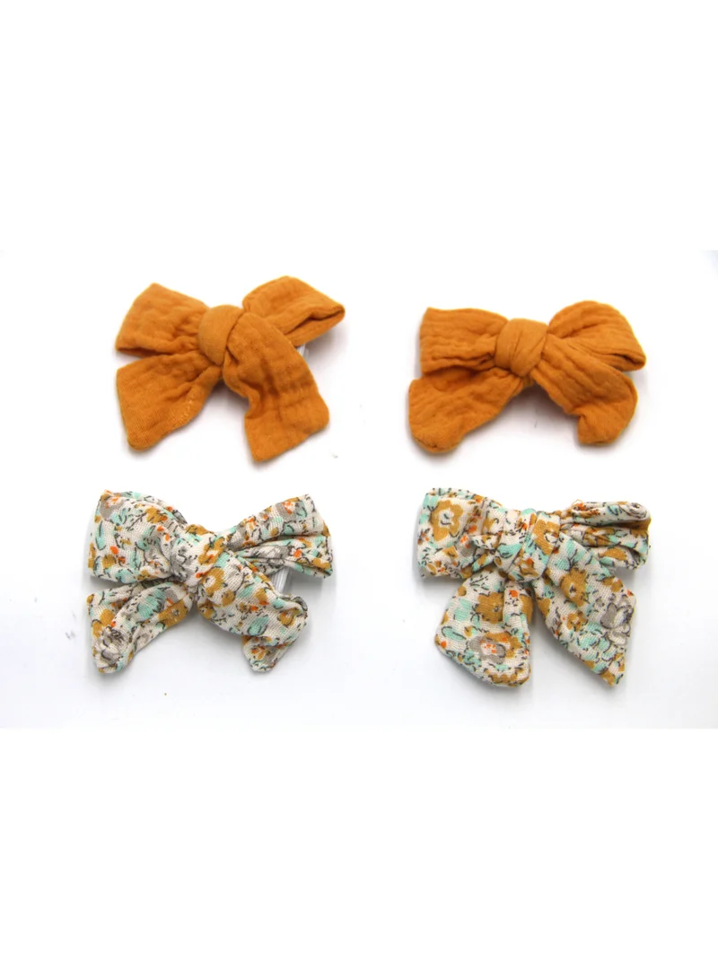 D'Daniela Adella Ribbon Bow Clip Set For Babies and Girls -  Mustard Yellow & Floral