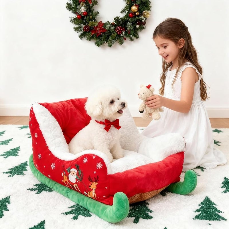 Christmas Sleigh Dog Bed Plush Anti Slip Cushion for Puppies Indoor Outdoor - Image 4