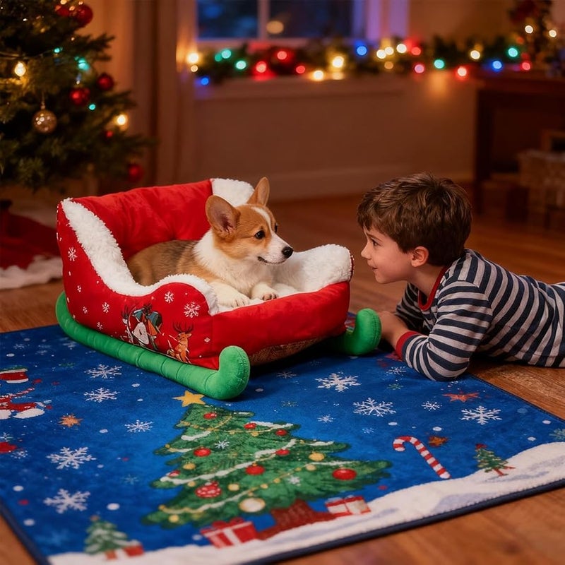 Christmas Sleigh Dog Bed Plush Anti Slip Cushion for Puppies Indoor Outdoor - Image 5